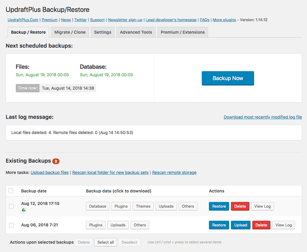 Screenshot of UpdraftPlus