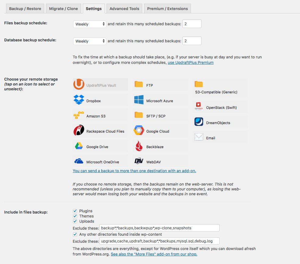 Screenshot of UpdraftPlus