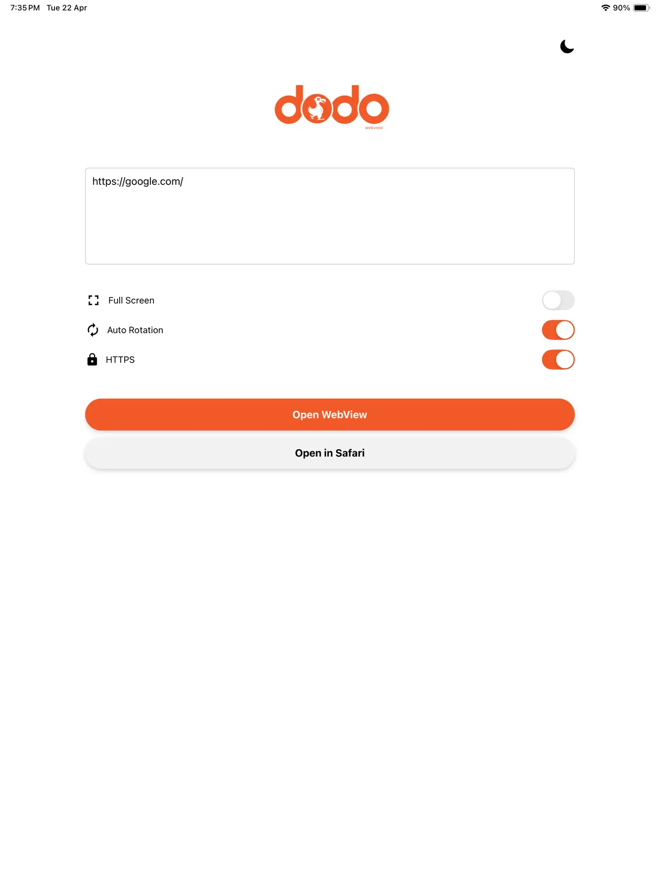 Screenshot of Dodo Webview