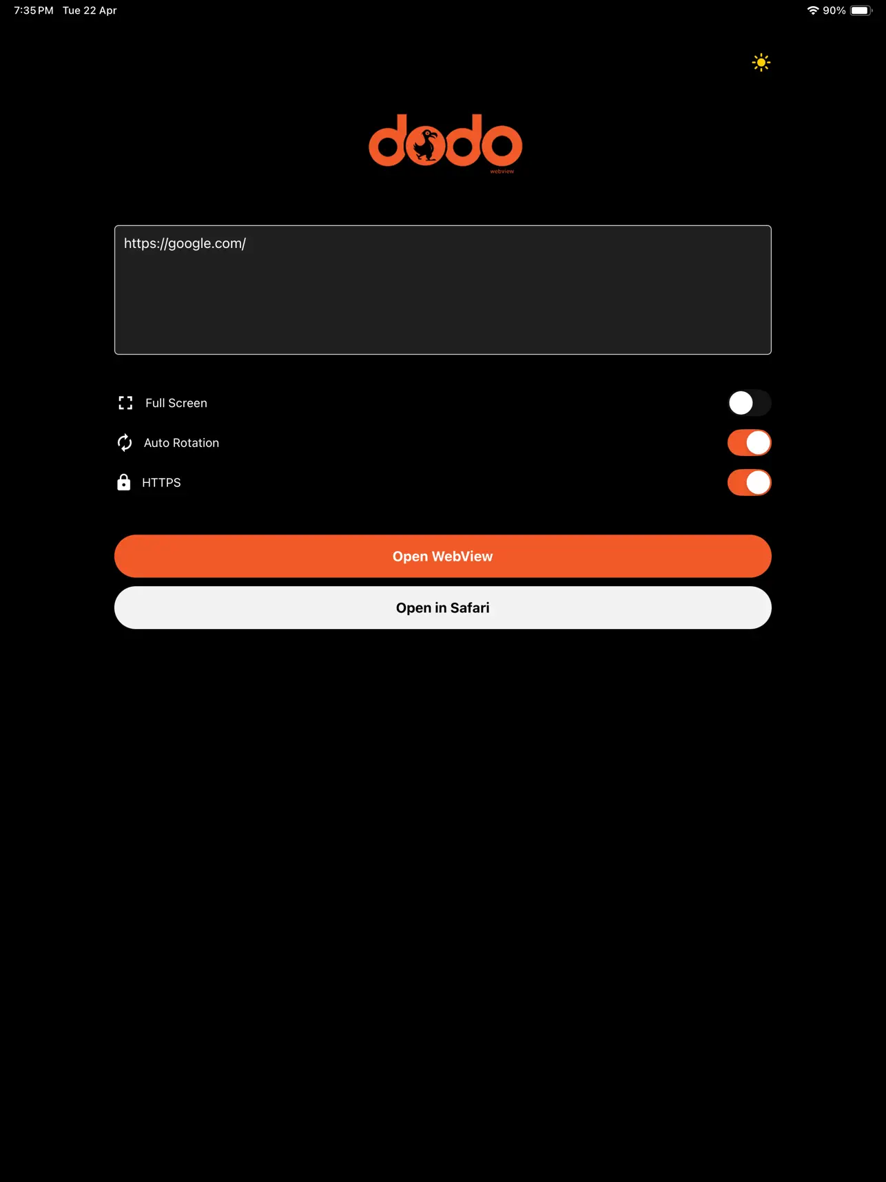Screenshot of Dodo Webview
